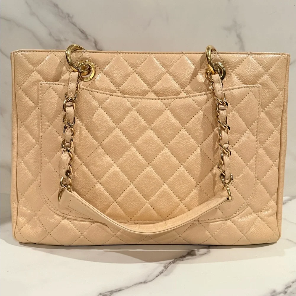 Authentic CHANEL Quilted Caviar GST large Tote in Beige with Gold Hardwar